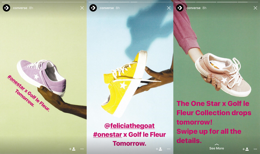 Three screenshots of an Instagram Stories Ad for Converse One Star shoes, meant as an example of how to make a social media ad on Instagram. The shoes are pastel purple suede, yellow suede and tan suede from the Golf le Fleur Collection.